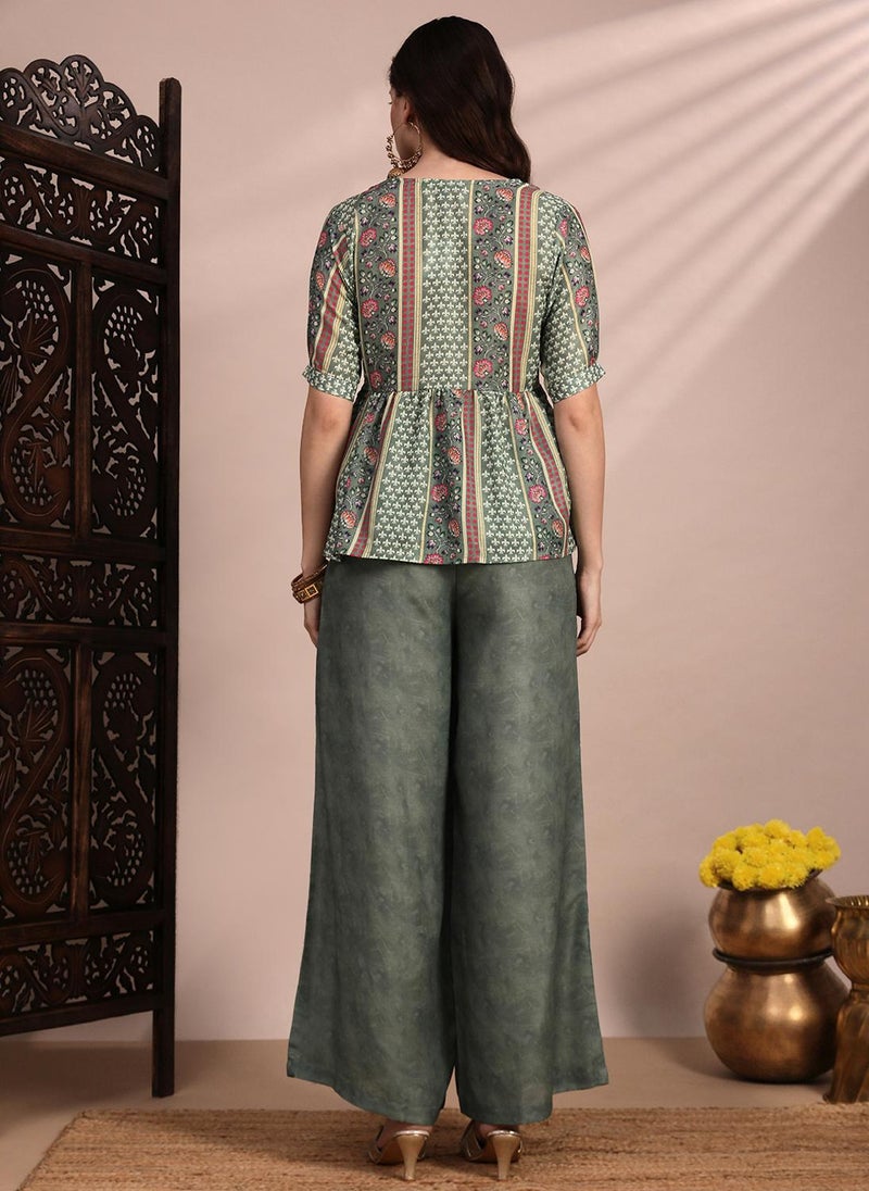 Globus Women Green Ethnic Print V-Neck Gathered Detail Tunic & Mid Rise Wide Leg Trouser Fusion Co-Ord Set - Image 4